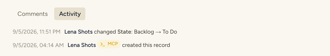 An activity feed showing a plain human edit next to an MCP-badged record creation