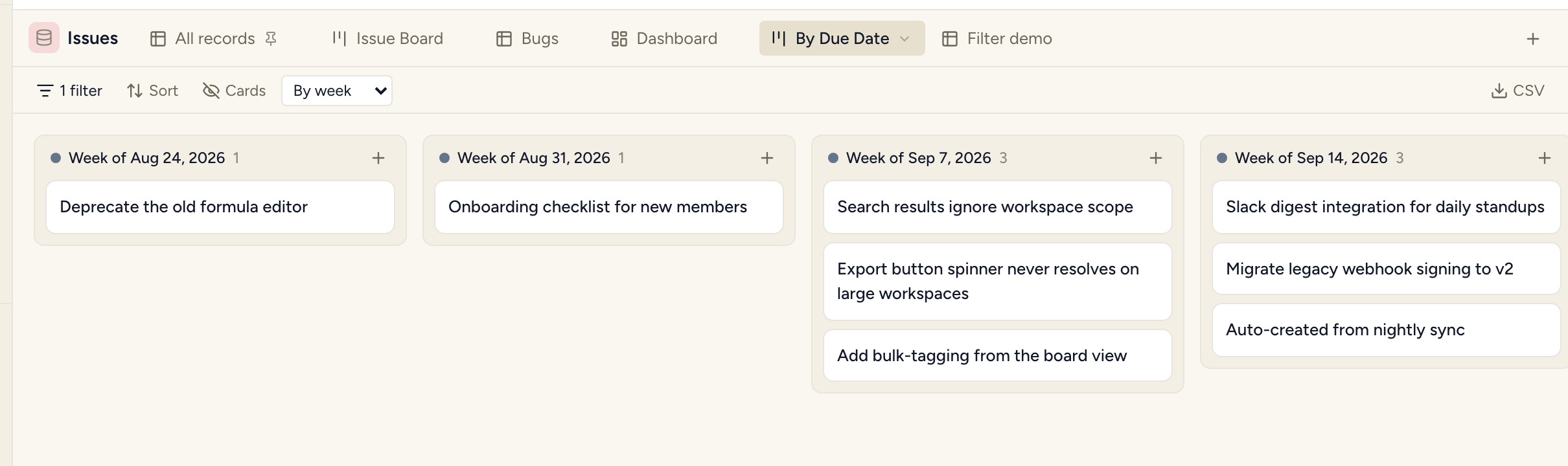 A board grouped by due date, with weekly columns holding real cards