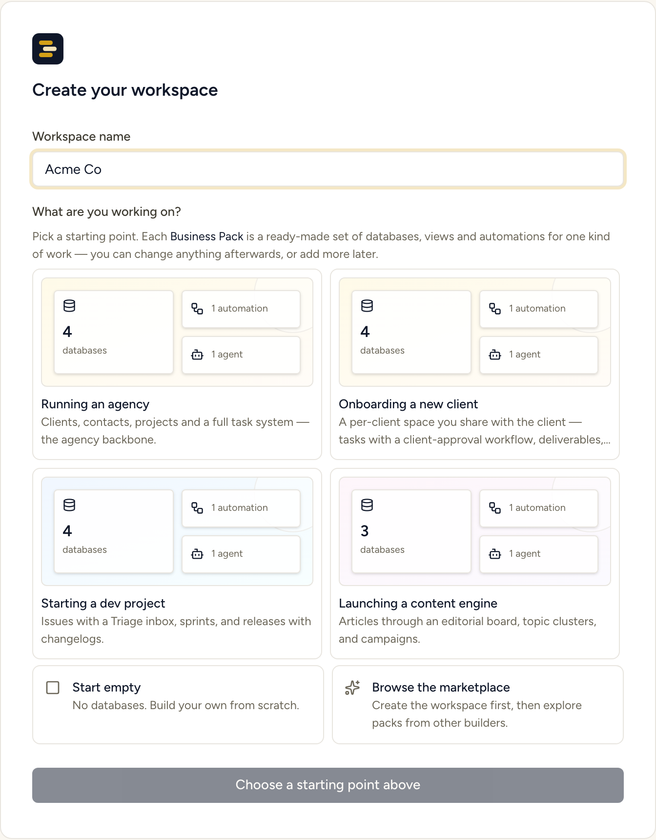 Create workspace screen with a name typed in and no starting point chosen yet