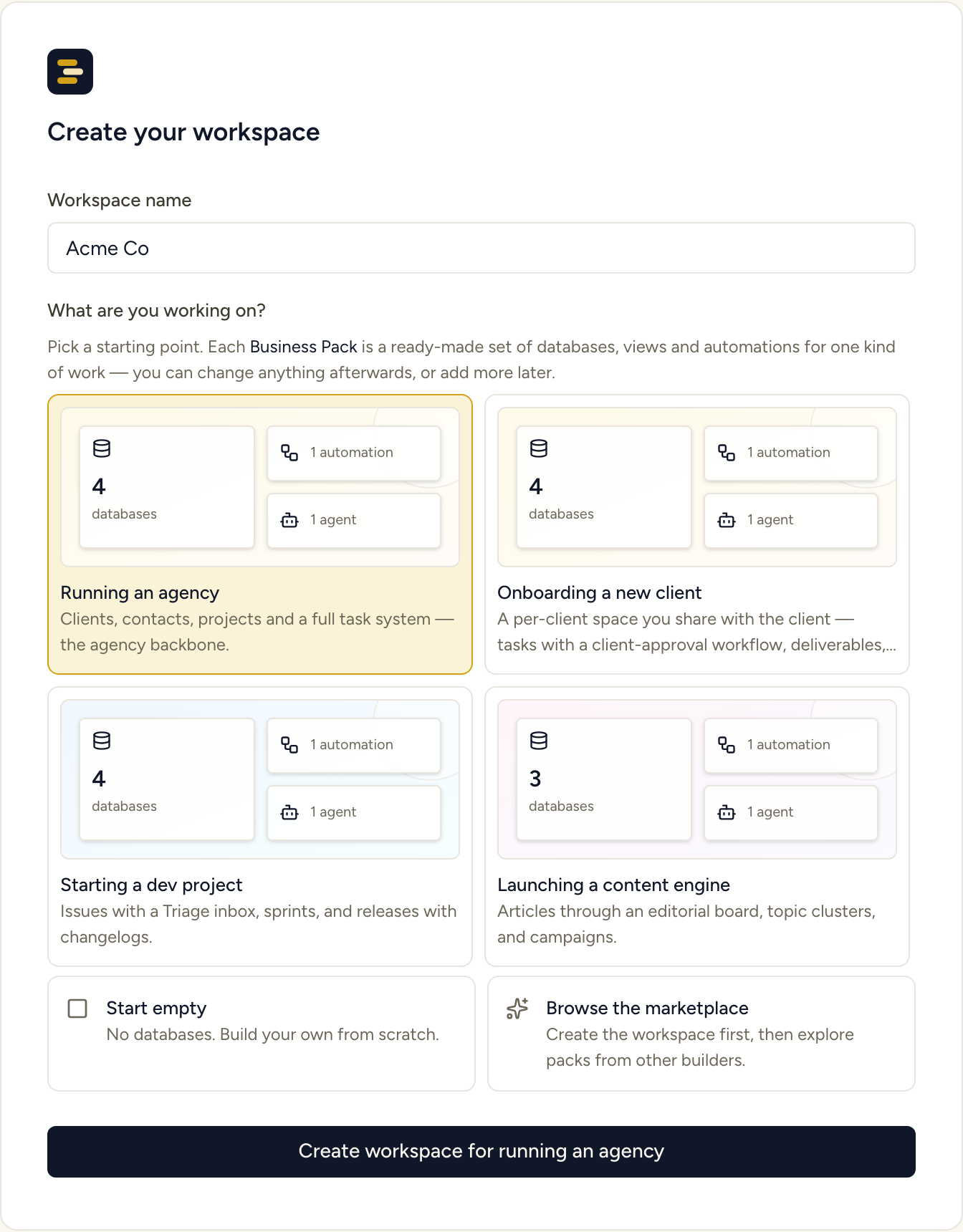 Create workspace screen with the “Running an agency” pack selected, and the button reading Create workspace for running an agency