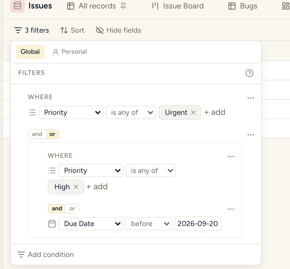 The filter builder showing a top-level OR with a nested AND group inside it